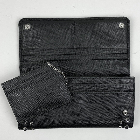 Prada logo bifold long wallet rhinestones studs Saffiano leather black - Picture 9 of 9